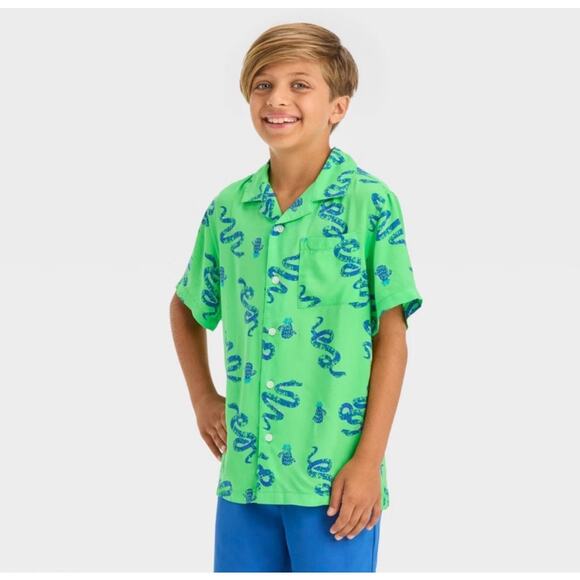 Cat & Jack snake cactus print button up collared shirt short sleeve green blue - Picture 1 of 8